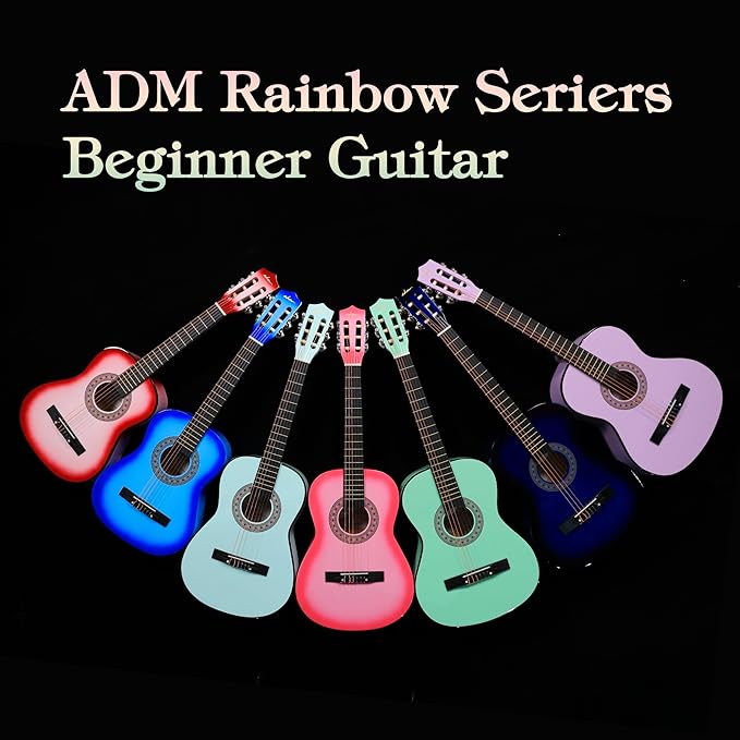 ADM Beginner Acoustic Classical Guitar 34 Inch Nylon Strings Wooden Guitar Bundle Kit for Kid Boy Girl Student Youth Guitarra Online Lessons with Gig Bag, Strap, Tuner, Strings, Picks, Pink
