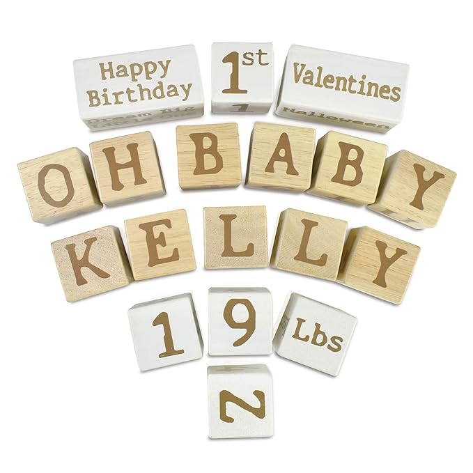 I'm Solid Wood Monthly Weekly Baby Milestone Age Blocks, Personalized Own Name, Gender Neutral, Newborn Gifts & Keepsakes for Picture Props (1.9" / 18 Pcs/Brown)