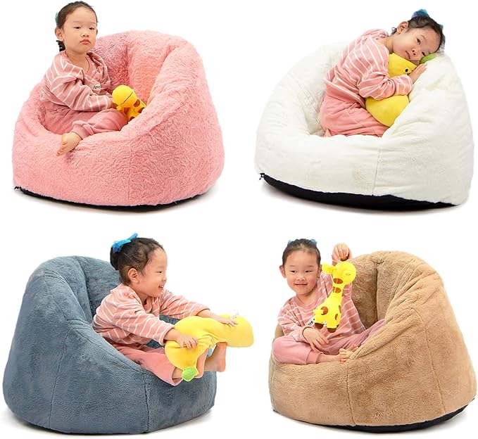 N&V Small Bean Bag Chair for Kids, Children Mini Bean Bag Sack, Foam Filling, Includes Removable and Machine Washable Cover, 27in, Soft Faux Fur (Blue)