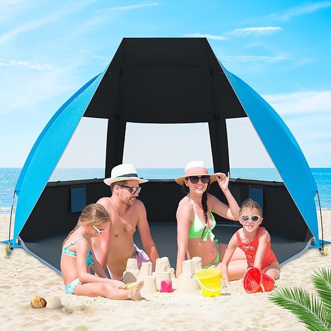 Gorich Portable Beach Tent for 3/4-5/6-7 Person with UPF 50+ UV Protection, Lightweight & Foldable Sun Shelter with 5 Sand Bags, Easy Setup Windproof Beach Umbrella Sun Shade