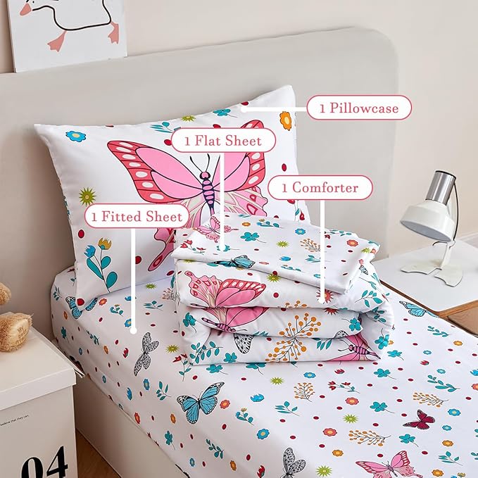 PERFEMET 4-Piece Girls Butterfly Bedding in Pink Floral - Reversible Colorful Flower Toddler Bed Comforter Set for All Season (White, Butterfly)