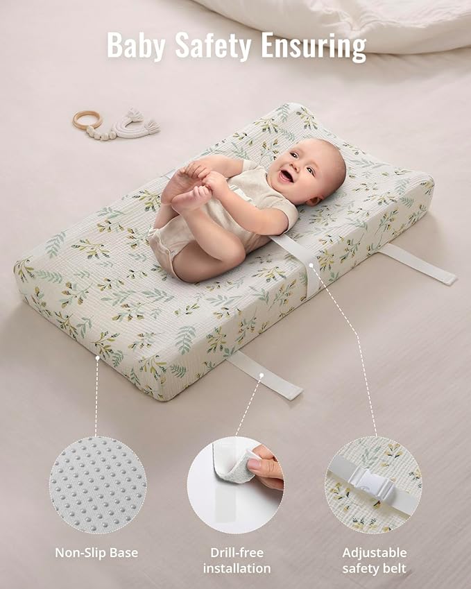 Blissful Diary Muslin Baby Changing Pad with Waterproof Lining Foam, Diaper Changing Table Pad with Cover for Dressers (Botanical Leaf, Rectangular)