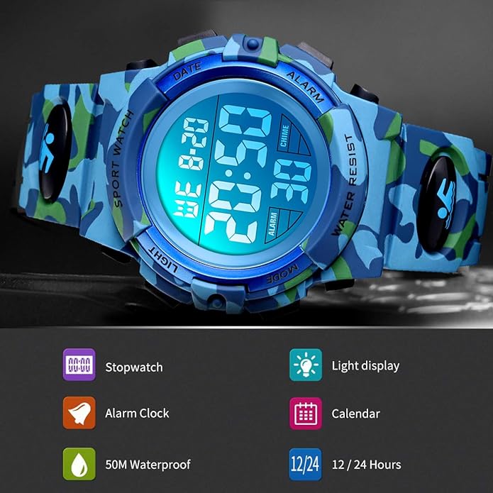 Kids Watch,Boys Watch for 3-15 Year Old Boys,Digital Sport Outdoor Multifunctional Chronograph LED 50 M Waterproof Alarm Calendar Analog Watch for Children with Silicone Band,Kids Gift