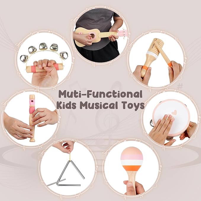 Kids Guitar Set for Girls - Toys for 2 3 4 Year Old Girl Birthday Gifts - 7 in 1 Wooden Montessori Musical Instruments with Ukulele/Tambourine/Maracas/Flute for Toddler 2-5(Pink)