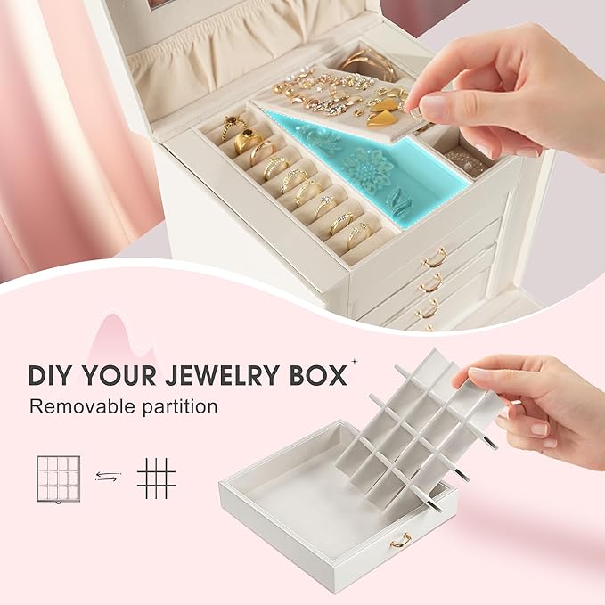 5-Layer Jewelry Box with 4 Drawers, Huge Portable Jewelry Organizer with Lock and Mirror for Women, for Necklace Ring Earring Bracelet Storage, Lockable Jewelry Case, White