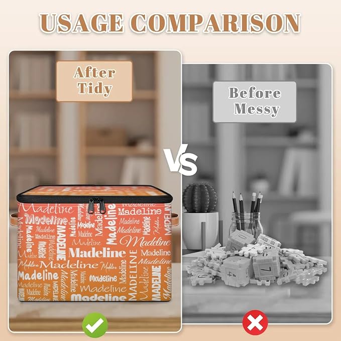 Custom Storage Basket with Name, Personalized Storage Bins with Zipper Lid, Foldable Fabric Storage Box Large capacity with Handle Orange