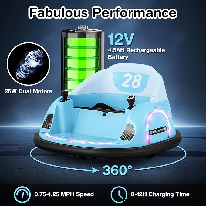 GLACER 12V Bumper Car, Electric Kids Bumper Car w/Parental Remote, 3-Speed, 360°Spin, Music, LED Light, Battery Ride on Bumper Car w/Dual Joysticks, Baby Bumper Car for Toddlers 18 Months+ (Blue)