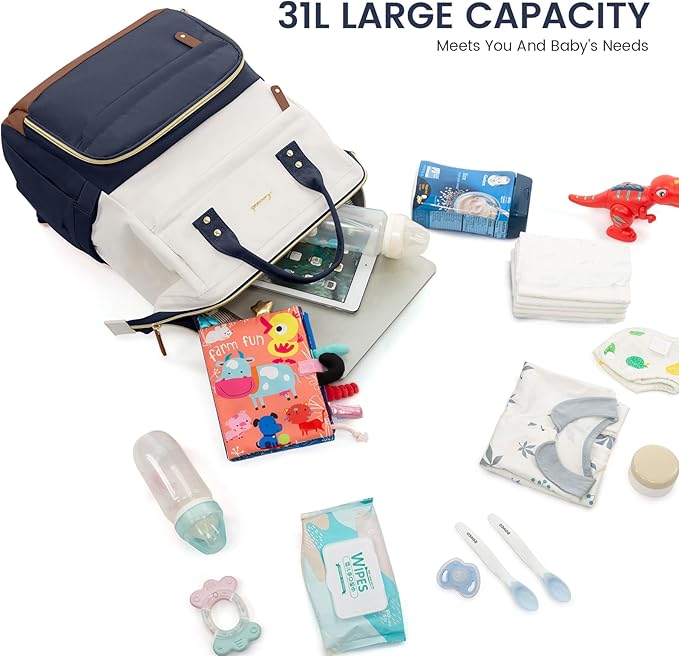 LOVEVOOK Diaper Bag Backpack, Baby Bag with Changing Station, Large Diaper Backpack for Mom Dads, Waterproof Leather Mommy Bag for Boy and Girl, Travel Essential Baby Shower, Navy Blue-Beige