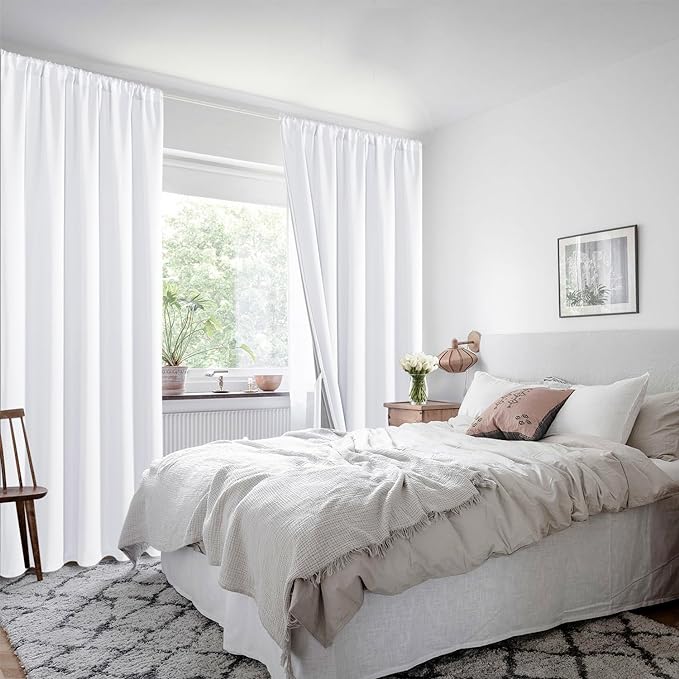 XWZO White 100% Blackout Curtains with Tiebacks- 2 Thick Layers Completely Shaded Rod Pocket Window Treatment Thermal Insulated Lined Drapes for Bedroom/Laundry, White, W42 x L45, Set of 2 Panels