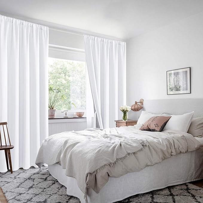 XWZO White Blackout Curtains with Tiebacks - Rod Pocket Heat and Full Light Blocking Window Panels for Bedroom/Nursery, 84 Inches Long Thermal Insulated Draperies, White, W42 x L84, Set of 2