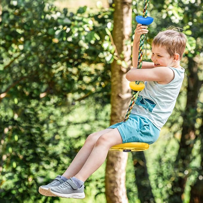 Tree Swing Rainbow Climbing Rope, Heavy Duty Swing Disc Seat Replacement for Kids with Hanging Strap and Platform Carabiners Indoor/Outdoor Playground Accessories (Yellow)