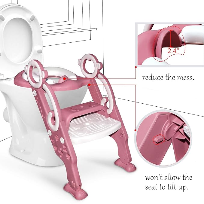 GrowthPic Pink Toddler Potty Training Seat with Step Stool – Foldable Toilet Trainer for Girls with Soft Cushion & Splash Guard, Adjustable Ladder Fits Standard & Elongated Toilets
