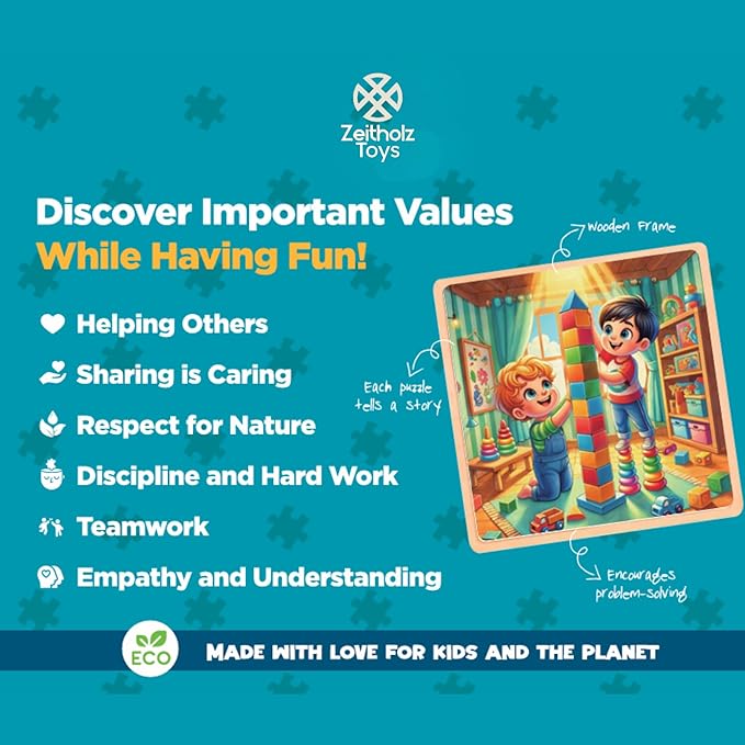 6 Educational Wooden Puzzles & Storybook, Teaches Kindness, Empathy & More β 6 in 1 Jigsaw Puzzle for Kids Ages 3-7 β Learn Real Values Through Stories β Montessori Puzzle Set 25 Pieces
