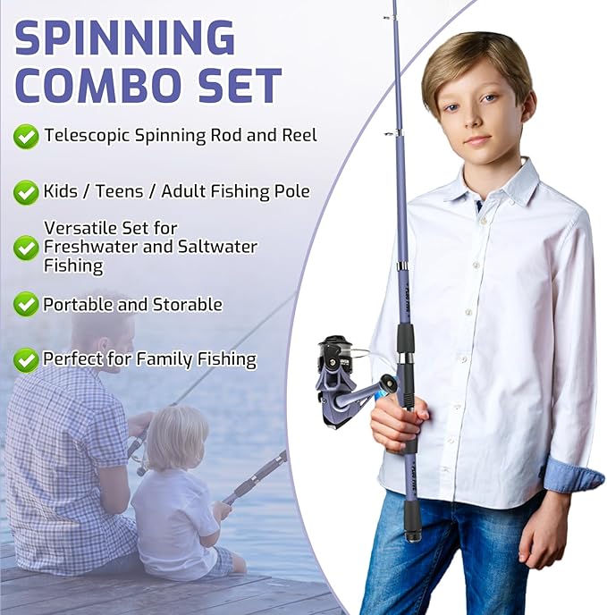 Kids Fishing Pole Set, Portable Telescopic Fishing Rod and Reel Combo for for Boys Girls Youth Toddle Fishing Pole - with Spincast Fish Reel Tackle Box Fish Lures Fishing LinesăAmbidextrousă