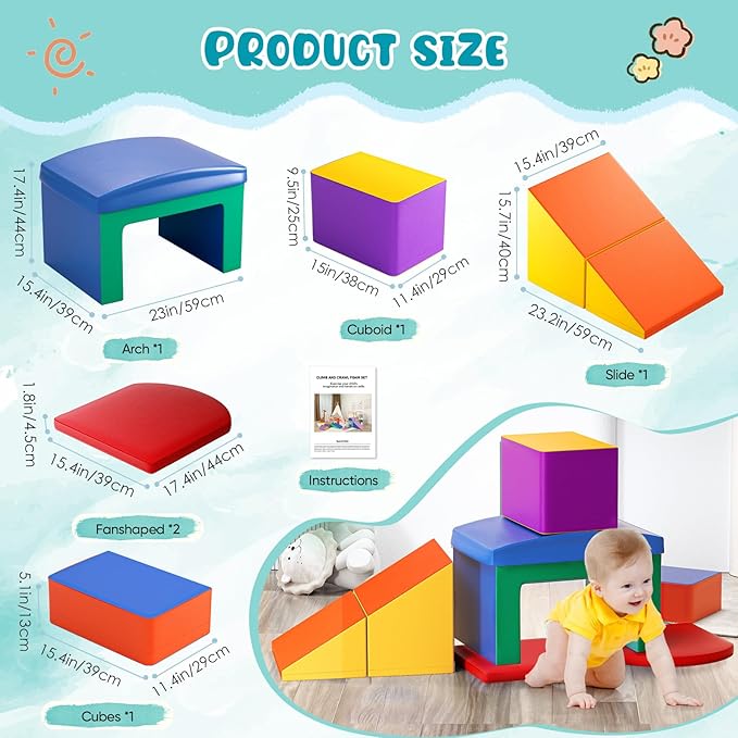 Lischwert Indoor Soft Foam Climber Play Sets, Toddler Climbing Toys Indoor with Slide Stairs and Ramp Indoor Climbing Toys for Kids and Children,6 Pieces Colorful