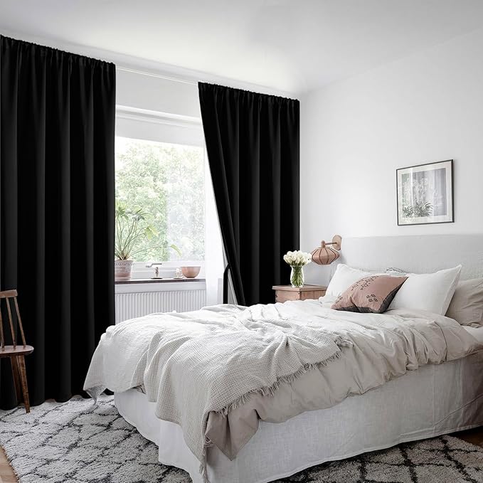 XWZO 100% Blackout Curtains 95 Inches Long with Tiebacks- Privacy Protection & Noise Blocking Rod Pocket Window Draperies with Black Liner for Bedroom/Living Room, Black, W52 x L95, Set of 2