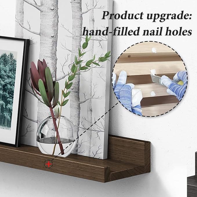 Forbena Rustic Picture Ledge Shelf Set of 4, Floating Picture Shelves for Wall with Lip, Wood Photo Ledge Shelves for Bedroom, Living Room, Office, Wall Decor (23.1 Inch Wide, Dark Brown)