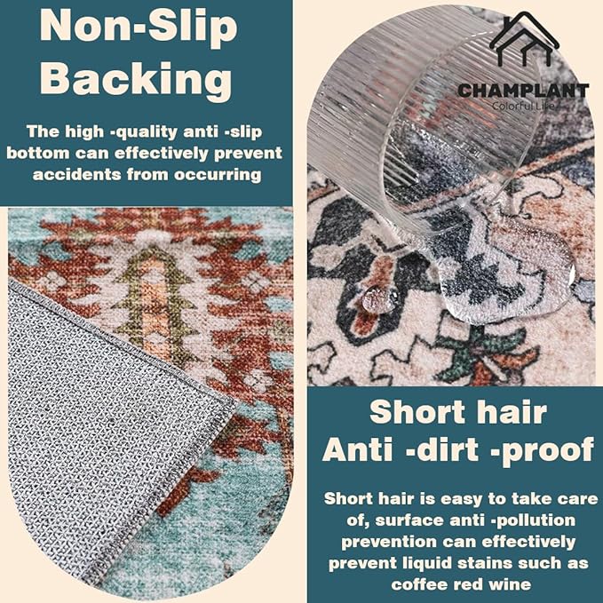 6'x9' Green Washable Area Rug Boho Chic Medallion Distressed Design Non-Shedding Easy Care Ideal for High Traffic Areas in Living Room Bedroom Office Kitchen Coffee Table Large Carpet