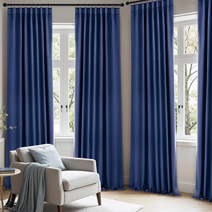 ANRODUO Back Tab Blackout Curtains for Bedroom Living Room, Rod Pocket Pinch Pleated Thermal Insulated Room Darkening Curtains 96 Inches Long 2 Panels, Navy Blue, 42 x 96 Inch