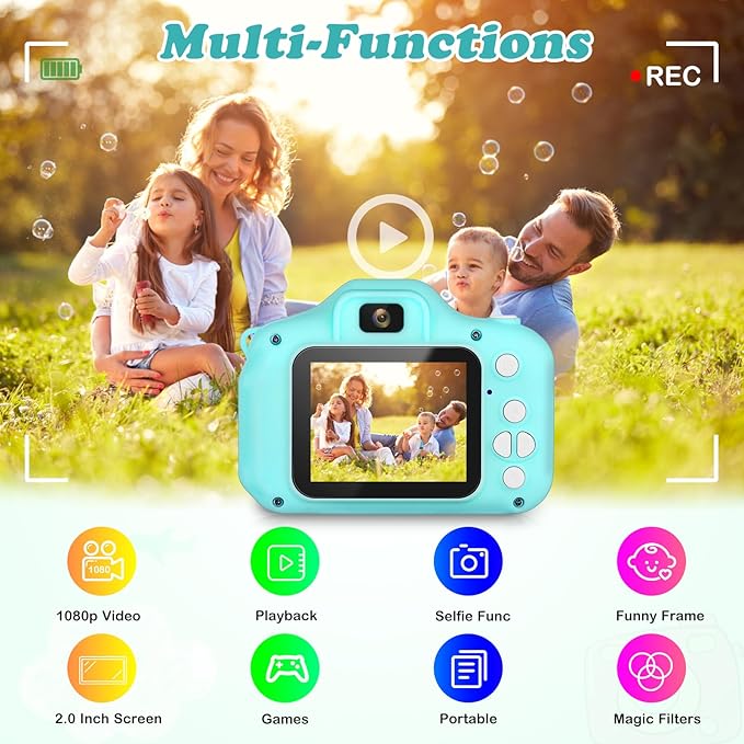Kids Camera, HD Digital Video Camera, Childrens Toys for 3 4 5 6 7 8 9 Year Old Boys/Girls, Selfie Camera for Kids, Christmas Birthday Gifts with 32GB SD Card (Green)