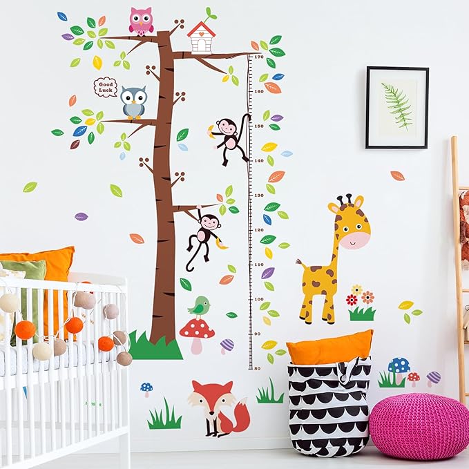 3D Cartoon Animal Height Growth Chart for Kids Wall Stickers Removable DIY Trees and Leaves Wall Stickers Vinyl Flowers Plants and Mushrooms Wall Art Decor for Nursery Kids Bedroom Living Room