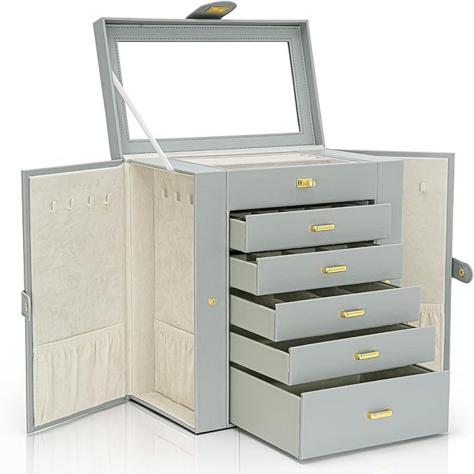 AKOZLIN Extra Large 6-Tier Jewelry Box Organizer Functional Huge, 5 Drawers Leather Jewelry Storage Case for Women Girls Ring Necklace Earring Bracelet Holder Organizer with Mirror Grey