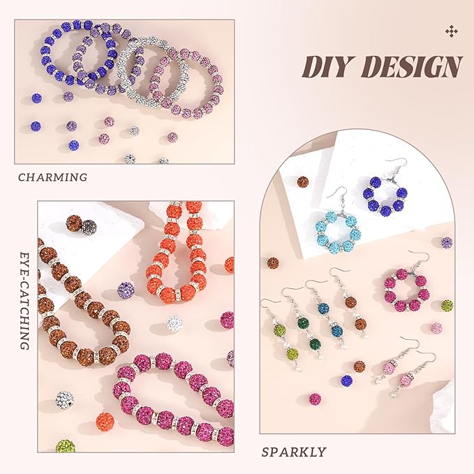 160pcs 10mm Rhinestone Beads for Jewelry Making, Light Blue Shiny Round Disco Ball Beads Bulk, Sparkle Crystal Clay Christmas for Bracelet Baseball Necklace Earring Crafting and DIY