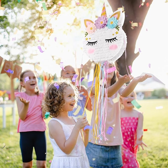 Foldable Unicorn Piñata - Unicorn Birthday Party Supplies Extendable Piñata with Blindfold Bat and Tassels Unicorn Birthday Party Decoration Games Folding Pink Unicorn Piñatas for Kids Classroom Game