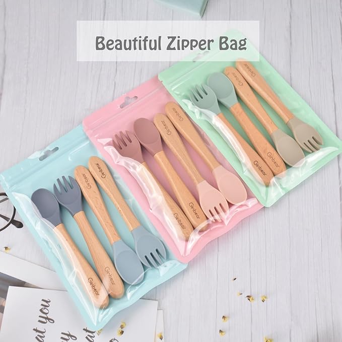Ginbear Silicone Baby Spoons and Forks Self-feeding 12-18 Months, Soft Tip Baby Flatware Sets for Boy, Toddler Feeding Utensils for Child, 4 Piece Set (Gray/Blue)
