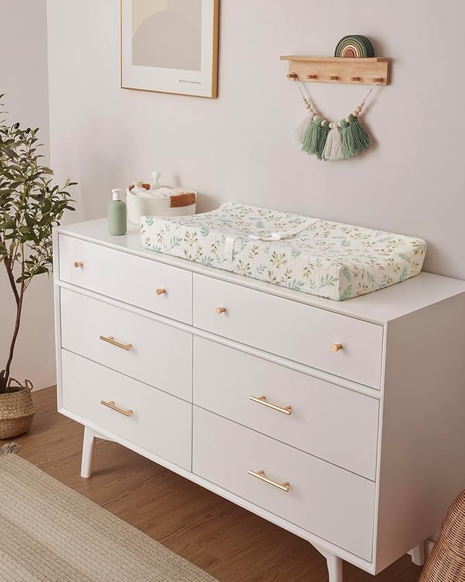 Blissful Diary Muslin Baby Changing Pad with Waterproof Lining Foam, Diaper Changing Table Pad with Cover for Dressers (Botanical Leaf, Rectangular)