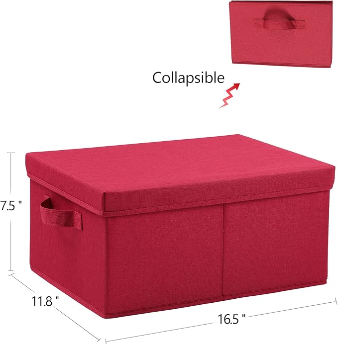 HOONEX Storage Bins with Lids for Organizing, Pack of 2, Storage Boxes with 2 Carrying Handles and Sturdy Heavy Cardboard, 16.5" L x 11.8" W x 7.5" H for Shoes, Books, Clothes, Red