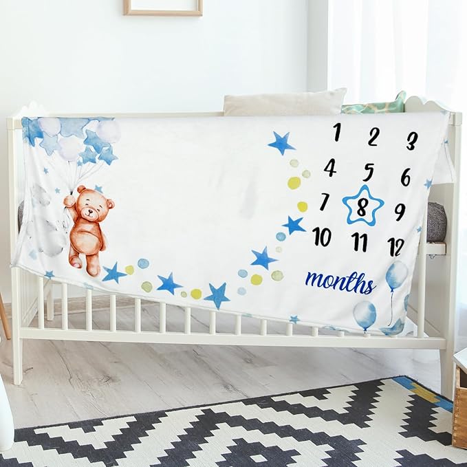 Sleeping Bear Monthly Baby Milestone Blanket Bear Star Balloon Flannel Blanket Boy Newborn Infant Swaddle Growth Baby Frame for Boys Girls Nursery (Blue)