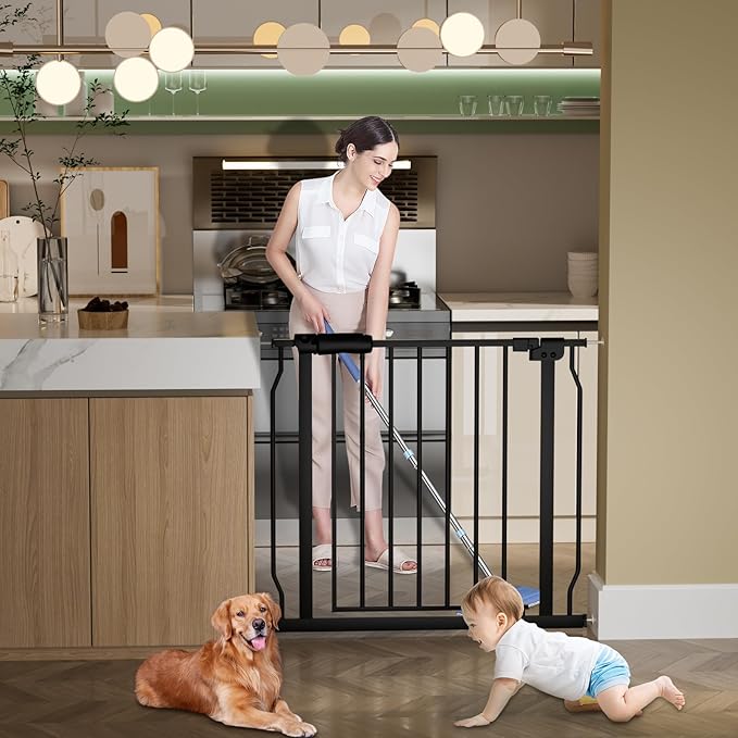 Extra Wide Baby Gate Extra Wide Pet Dog Gates for Stairs Doorways Black Metal Tension Indoor Safety Gates with Pressure Mount 71.5-76.38 Inch