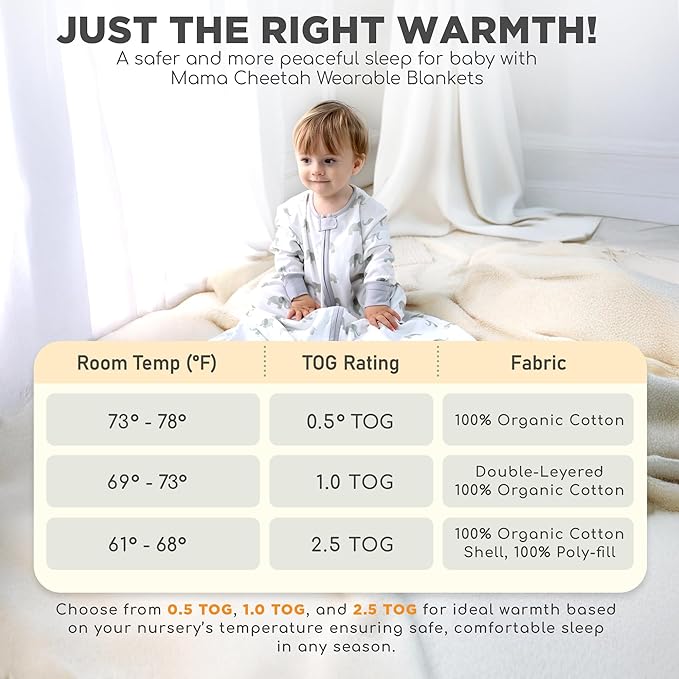 Mama Cheetah Baby Sleep Sack with Sleeves, 0.5 TOG Organic Cotton Wearable Blanket and Two-Way Zipper, Swaddle Transition Long Sleeve Sleeping Bag for Newborn Infant Toddler, 12-18 Months
