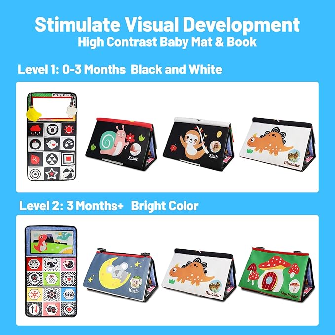 Baby Mirror Toys for Tummy Time, Newborn Infant 0 3 4 6 12 Months Old Boy, Girl Gift. Brain Developmental Montessori Sensory High Contrast Crinkle Book w Safe Mirror for Floor, Crib, Car, Bouncer