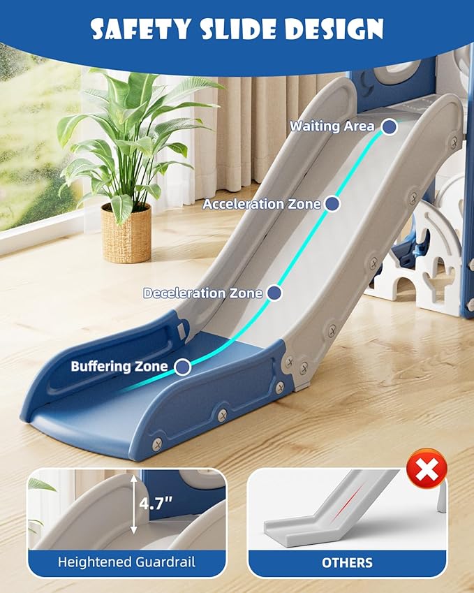 XJD 7 in 1 Toddler Slide, Kids Indoor Slide for Toddlers 12 to 36 Months, New Upgrade with Golf, Basketball Hoop for Indoor Outdoor Playset,Toddler Playground (Blue Gley)