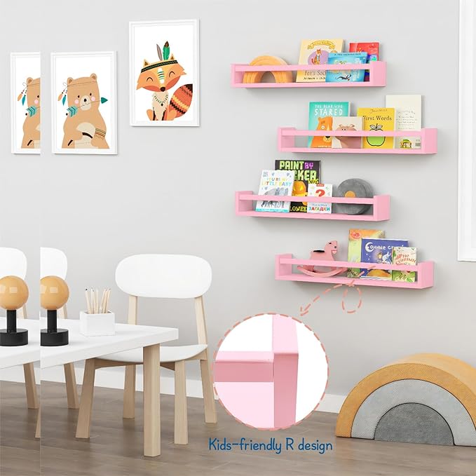 Forbena Large Pink Kids Book Shelves for Girls Room Wall Set of 4, Floating Nursery Book Shelf for Baby Girl Deocr, 24 Inches Long Wall Mounted Bookshelf for Toddler Kid Child Teens Bedroom (Pink)