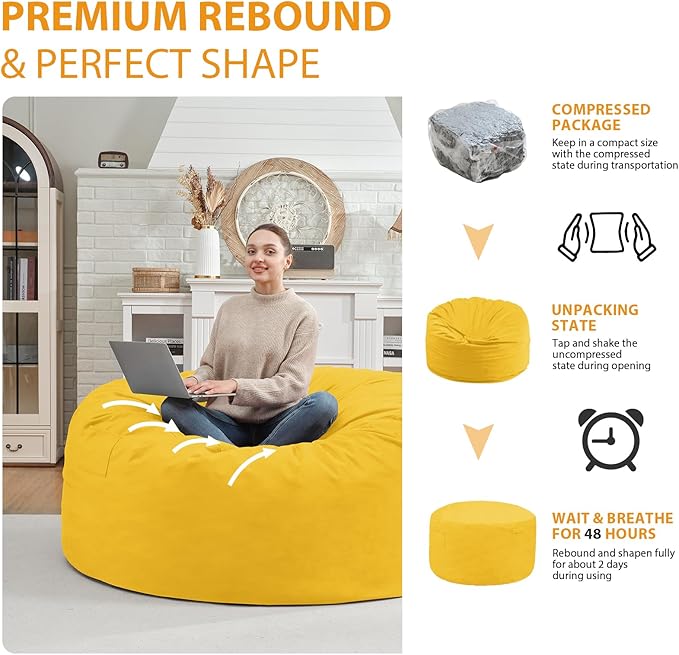 3FT Bean Bag Chair, Comfy Bean Bag Chairs with Memory Foam Filled, Fluffy Beanbag Sofa with Dutch Velvet Cover, Round BeanBag Chairs for Living Room, Playroom - Lemon