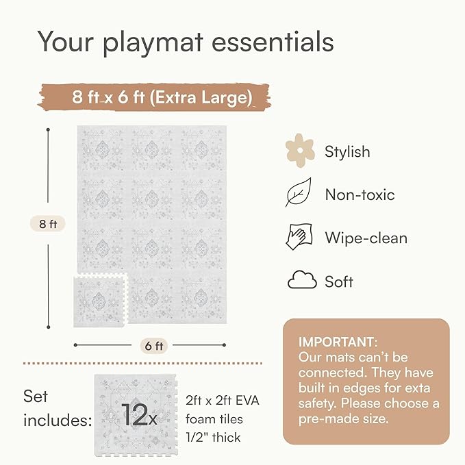 Lillefolk Baby Play Mat for Floor – 6x8ft Vintage Gray | Soft Non Toxic Premium EVA Foam Tiles for Tummy Time, Crawling & Playroom – Waterproof Interlocking Floor Mat for Babies & Toddlers (12 Tiles)