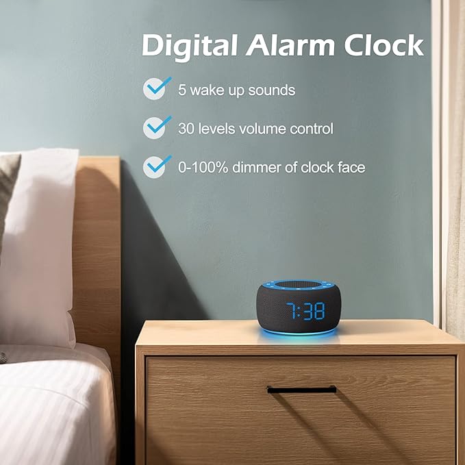 Buffbee Sound Machine & Alarm Clock 2-in-1, 0-100% Clock Face Brightness, Bottom Colored Light, Sleep Timer, Precise 30-Level Volume Control White Noise Machines
