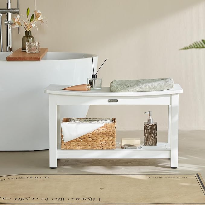 30'' Heavy Duty Shower Bench for Inside Shower, White Poly Bath Stool for Shaving Legs, Waterproof Spa Bath Chair Seat with Adjustable Feet, Weight Capacity 700LBS (30 x 13 Inches)