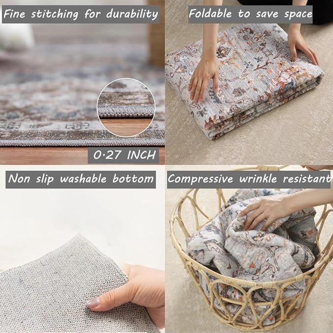 Washable Area Rug 8x10 Retro Flowers Boho Design Non-Shedding Easy Care Ideal for High Traffic Areas in Living Room Bedroom Office Coffee Table Kitchen Large Carpet