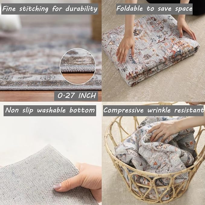 Area Rug 6x9 Washable Rug Dark Brown Vintage Traditional Distressed Thin Retro Kitchen Indoor Floor Cover Non Slip Carpet Floral Print Mat Living Room Bedroom Dining Room