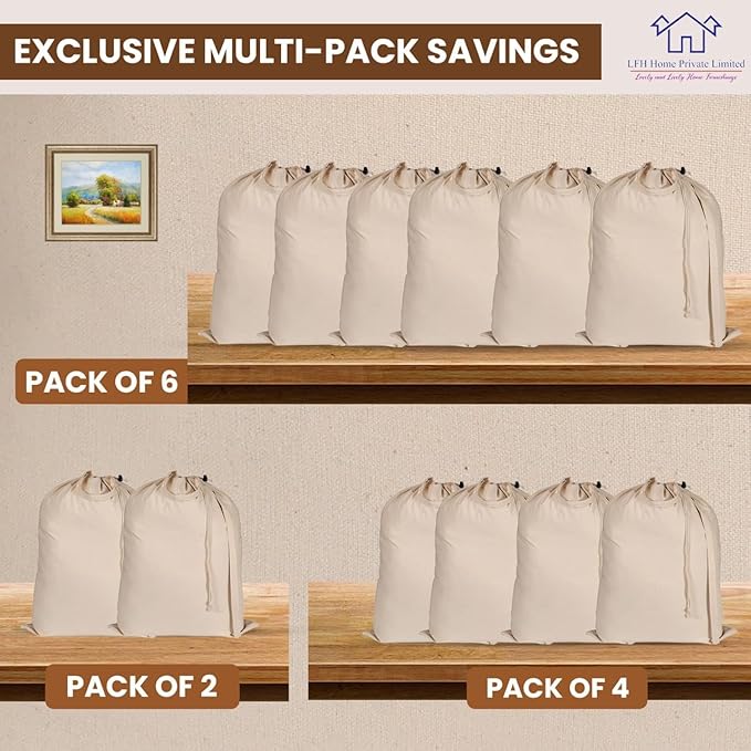 LFH Home Large Premium 100% Cotton Canvas Laundry Bag with Drawstring and Handles Heavy Duty, Multi-Use, and Washable for Home, Travel, College or Storage 24x36 (Pack of 4)-Natural