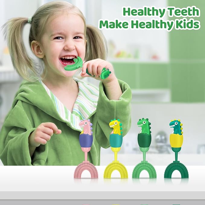 U-Shaped Toothbrush for Kids Ages 2-7, Soft Food-Grade Silicone for Sensitive Gums, 360° Teeth Cleaning Design,Training & Travel-Friendly Toddlers' Toothbrush (Green)