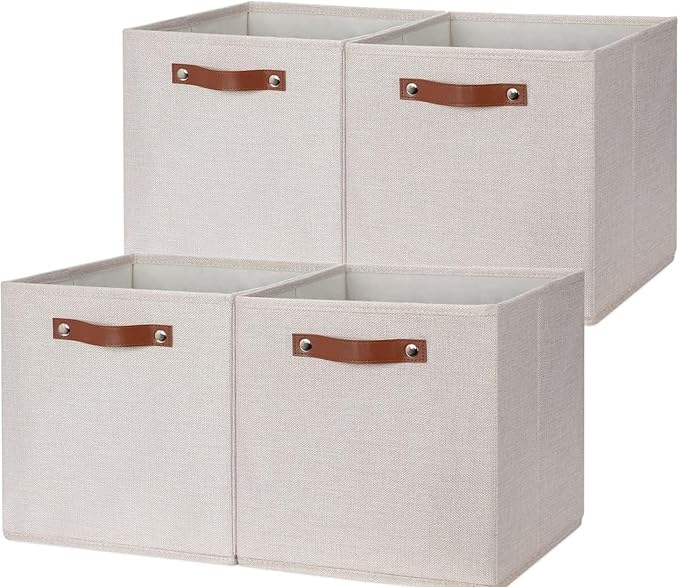 HNZIGE Fabric Storage Cubes Set of 4,12 x 12 Storage Baskets,Cloth Storage Bins for Organizing with Handles,Closet Baskets for Organizing Home Nursery(Gream)