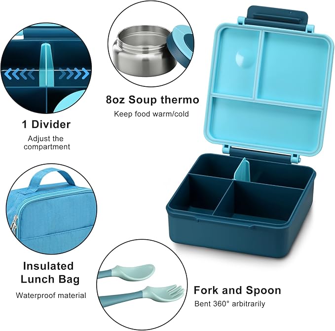 Bento Lunch Box for Kids with 8oz Soup Thermo&Lunch Bag, Leak-Proof Lunch Food Containers with 4 Compartment, Hot Food Insulated Food Jar for Kids School (Blue)