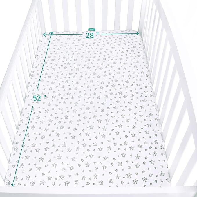 Waterproof Crib Mattress Protector 2 Pack, 100% Organic Cotton Crib Mattress Sheet, Fitted Crib Sheet, Ultra Soft & Breathable Toddler Bed Sheets for Boys and Girls, White & Grey Star Print