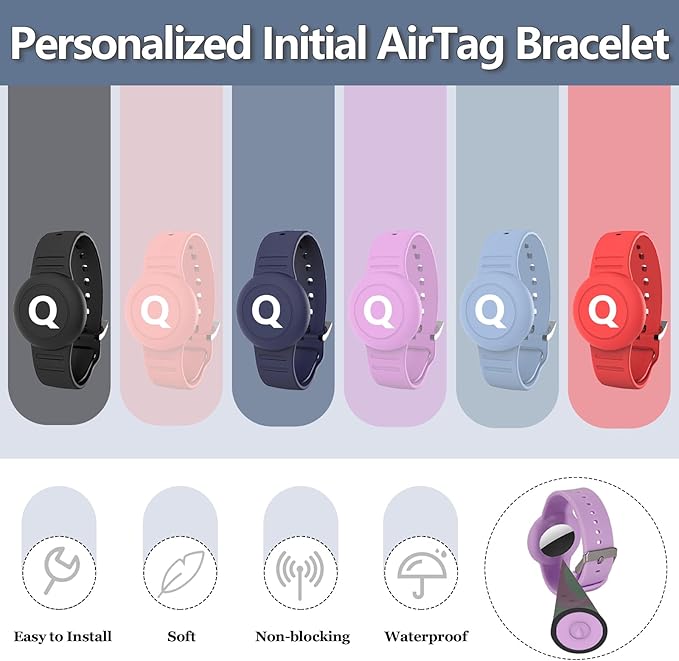Waterproof Bracelet for AirTag Kids, Personalized Initial Letter Hidden Holder Compatible with Air Tag, Silicone Case for Airtag Adjustable Anti-Lost GPS Tracker for Toddler Child Elder, Q
