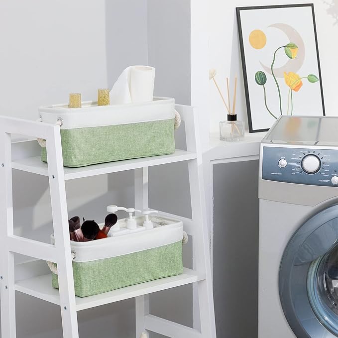 DULLEMELO Toilet Paper Storage Basket, Toilet Paper Basket for Back of Toilet, Bathroom Storage Basket for Cosmetics Towels Toilet Paper, Toilet Tank Basket with Rope Handles for Toilet(White&Green)